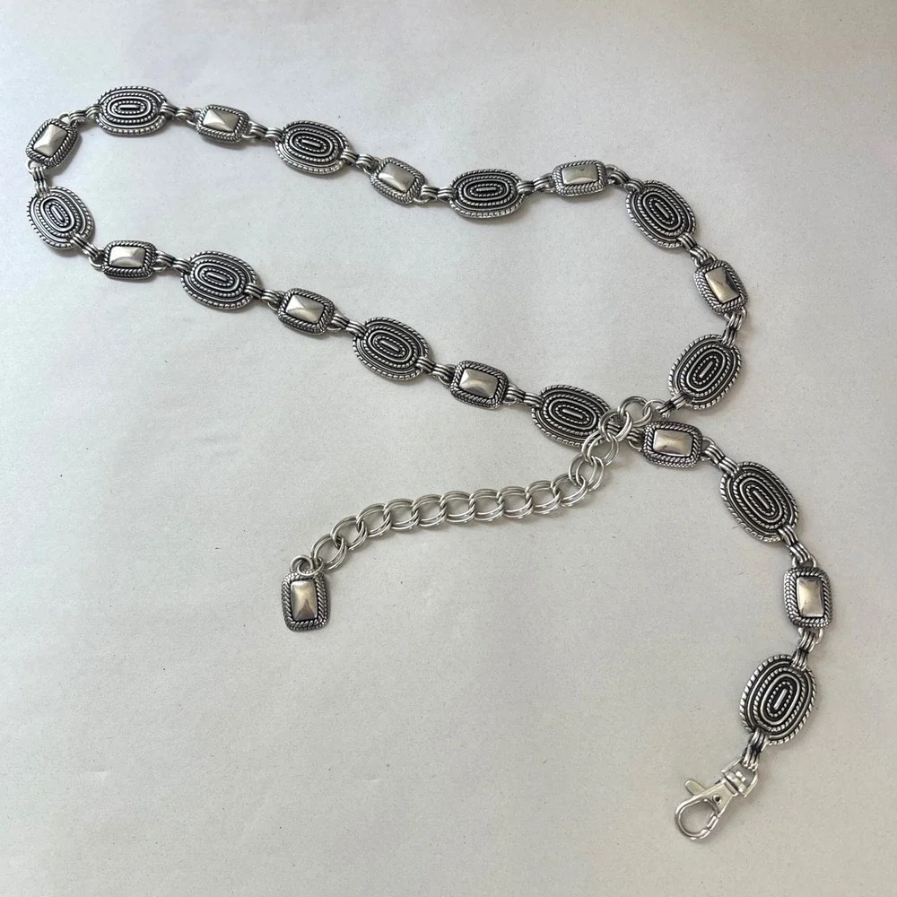 Vintage Silver Tone Medallion Chain Belt Adjustable Boho Western 46 Inch Y2K